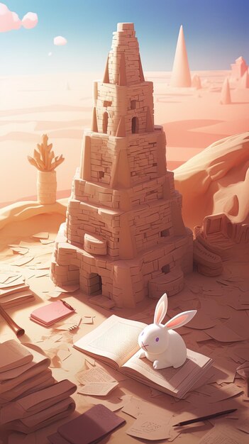 una ilustración 3D de un castillo con un conejo en la portada