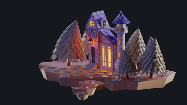 Foto ilustración 3d de un castillo nocturno entre los árboles.