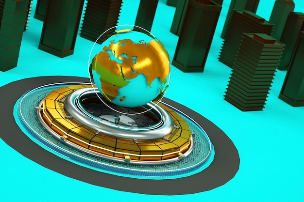 Ilustración 3D del centro de la ciudad con un hito en el medio. Globo, tierra, planeta, mundo. Objetos aislados 3D sobre un fondo turquesa. Partes doradas de objetos. Gráficos 3D