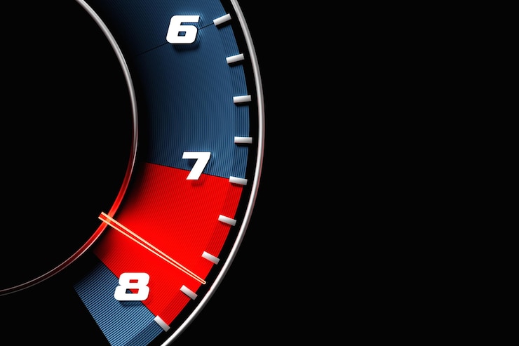 Foto ilustración 3d cerca del panel azul del coche tacómetro digital brillante la flecha del tacómetro muestra la velocidad máxima