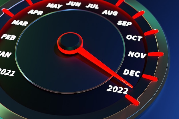Ilustración 3D de cerca el panel de instrumentos del automóvil con velocímetro, tacómetro, que dice Feliz Navidad 2021, 2022. El concepto del año nuevo y la Navidad en el campo de la automoción