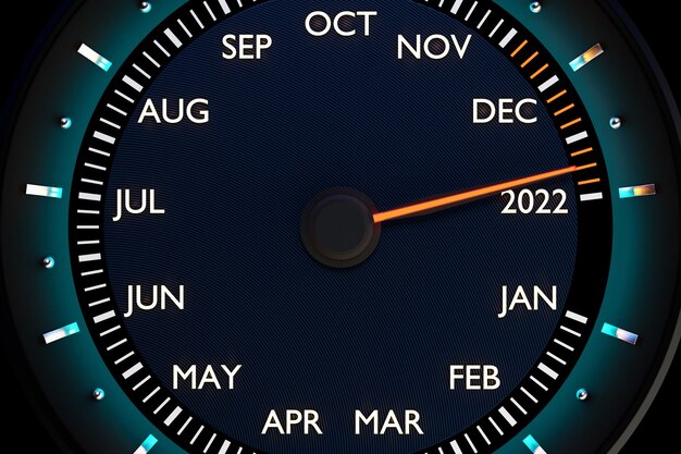 Foto ilustración 3d de cerca velocímetro negro con cortes 2021,2022 y meses calendario. el concepto de año nuevo y navidad en el campo de la automoción. contando meses, tiempo hasta el año nuevo