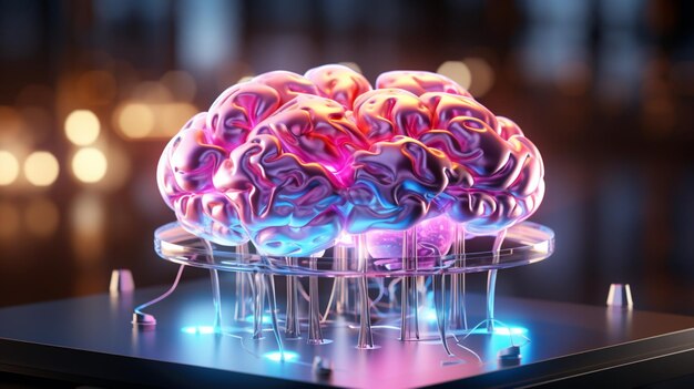 Ilustración 3D del cerebro humano del efecto de luz de neón del modelo