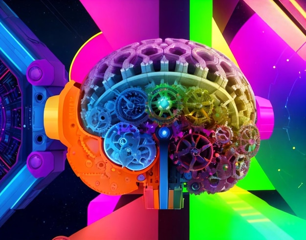 Foto ilustración 3d de un cerebro humano con engranajes y ruedas dentadas
