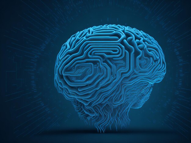 Ilustración 3D del cerebro humano con placa de circuito sobre fondo azul.