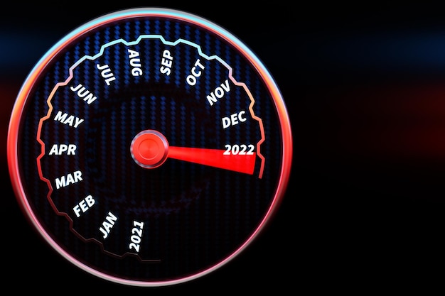 Ilustración 3D Cerrar el panel de instrumentos del automóvil con velocímetro, tacómetro, que dice Feliz Navidad 2021, 2022. El concepto del año nuevo y la Navidad en el campo automotriz