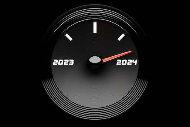 Ilustración 3D cerrar velocímetro negro con cortes 20232024 El concepto del año nuevo y Navidad en el campo automotriz Contando meses hasta el año nuevo