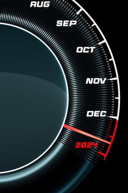 Foto ilustración 3d cerrar velocímetro negro con cortes 20232024 el concepto del año nuevo y navidad en el campo automotriz contando meses hasta el año nuevo