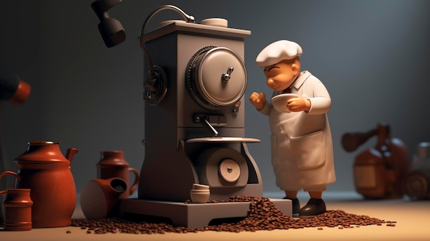 Ilustración 3D de un chef de dibujos animados con un gran molinillo de café
