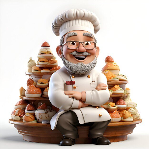 Ilustración 3D de un chef sénior con una bandeja llena de galletas