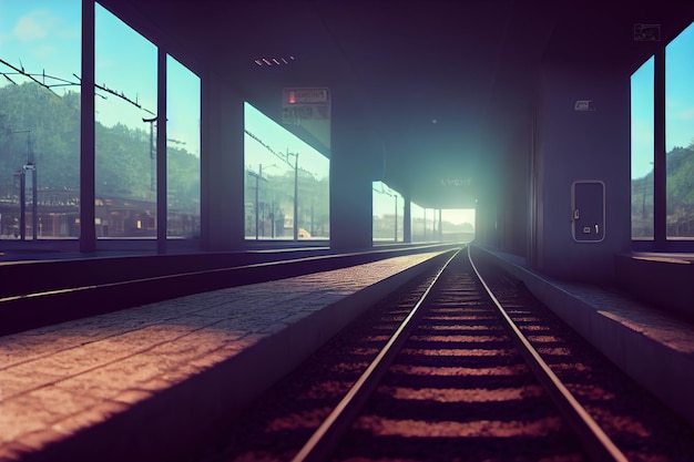 Ilustración 3D de una chica anime parada cerca del tren. procesamiento 3d Ilustración de trama.