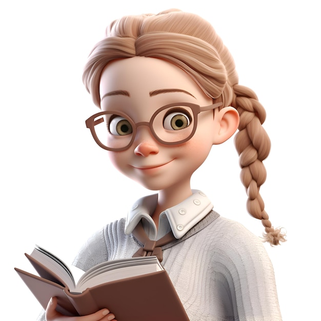 Ilustración 3D de una chica de dibujos animados con gafas leyendo un libro