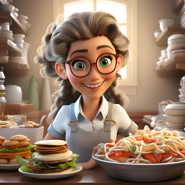 Ilustración 3D de una chica de dibujos animados linda cocinando en la cocina