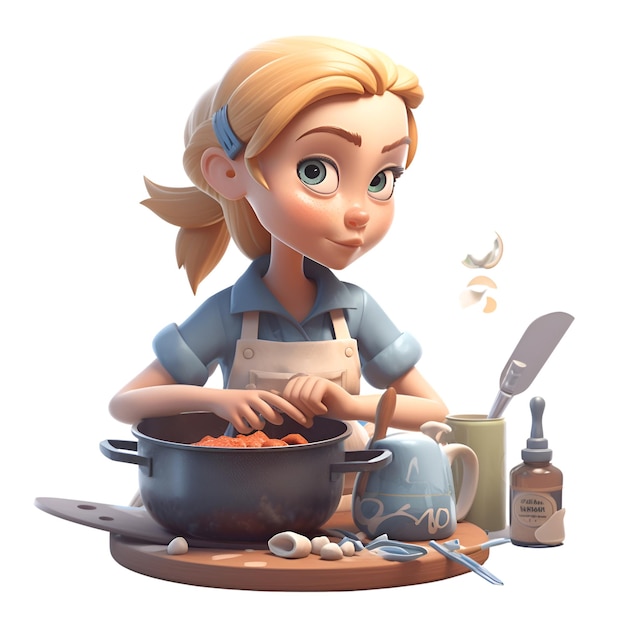 Ilustración 3D de una chica de dibujos animados linda cocinando en la cocina