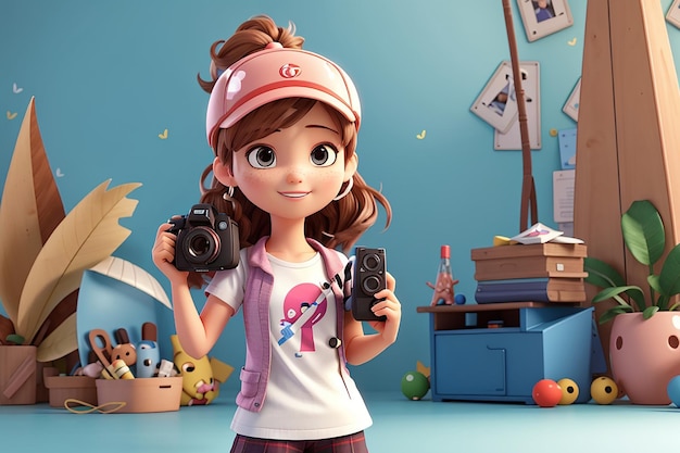 Ilustración en 3D Chica de dibujos animados personaje en 3D con cámara fotográfica