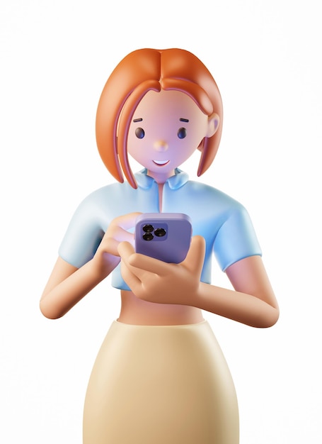 Ilustración 3D de una chica de dibujos animados de pie sosteniendo un teléfono mirando la pantalla y charlando