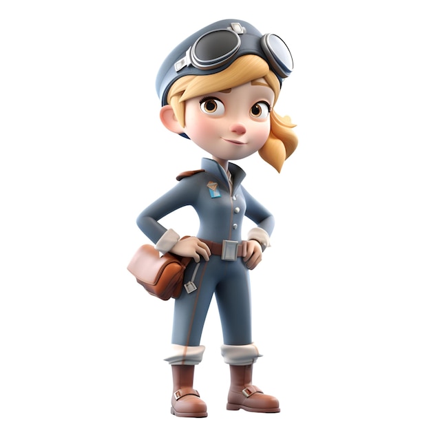 Ilustración 3D de una chica en un disfraz de piloto con una bolsa