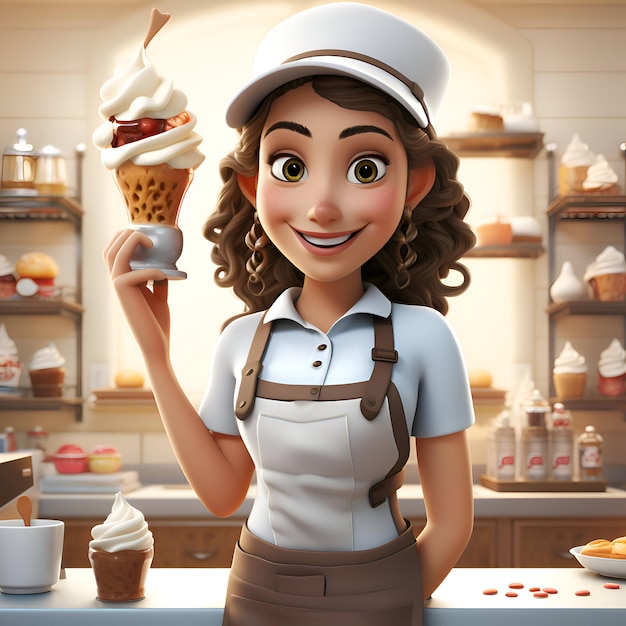 Ilustración 3D de una chica con helado en la cocina