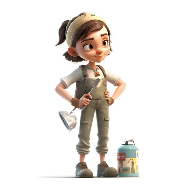 Ilustración 3D de una chica con una lata de gasolina sobre un fondo blanco.