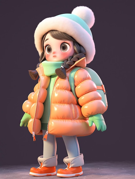 Ilustración 3D de una chica a la moda con un abrigo de invierno Ilustración del concepto de viaje al aire libre de invierno