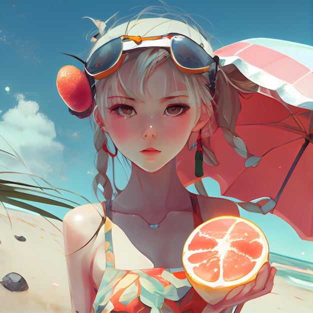 Ilustración 3d de una chica en la playa con una naranja en la mano