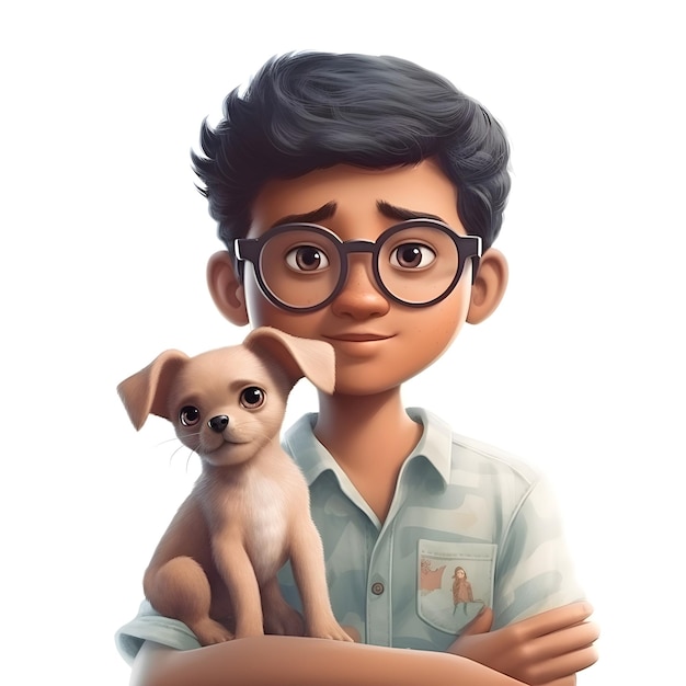 Ilustración 3D de un chico lindo con un perro sobre un fondo blanco.