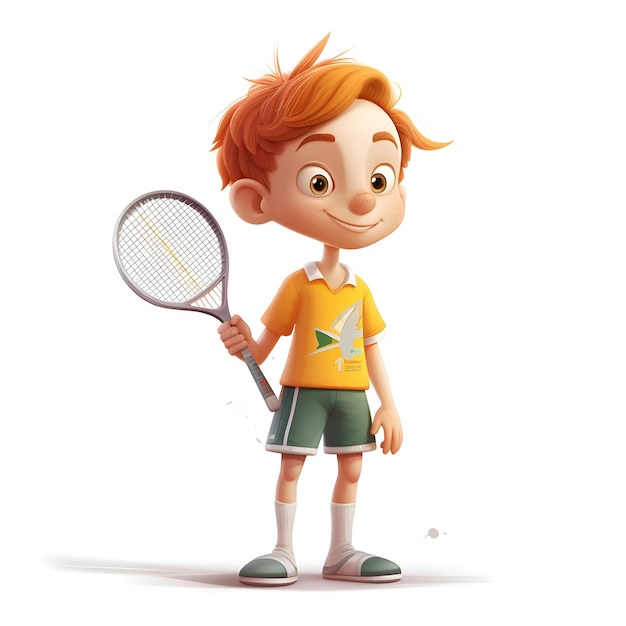 Ilustración 3d de un chico pelirrojo con una raqueta de tenis