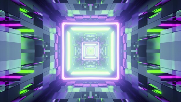 Ilustración 3D del ciberespacio futurista con luces de neón verdes y púrpuras brillantes que se reflejan en las paredes