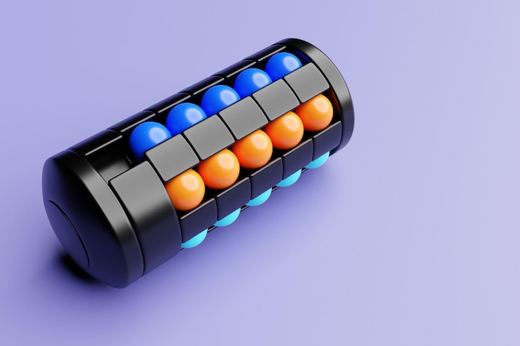Foto ilustración 3d de un cilindro negro - un rompecabezas con bolas de colores. juguete de entrenamiento del cerebro lógico, laberinto