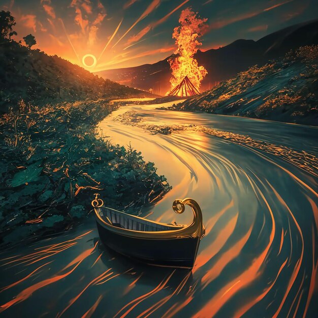 Una ilustración 3D cinematográfica y cautivadora de un río iluminado por el sol con un barco de madera que se desliza suavemente