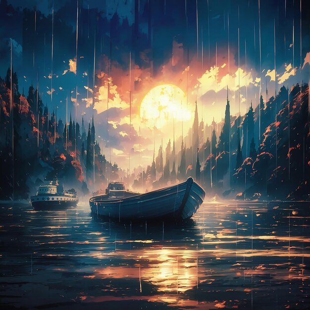 Una ilustración 3D cinematográfica y cautivadora de un río iluminado por el sol con un barco de madera que se desliza suavemente