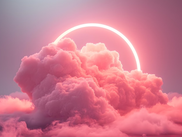 Ilustración 3D de un círculo rosado brillante en el cielo con nubes y agua