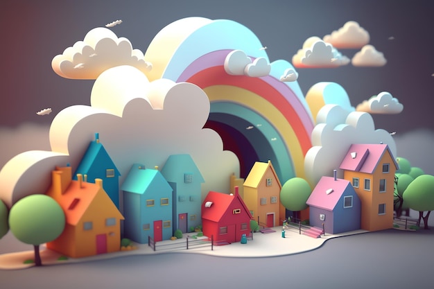 Una ilustración 3d de una ciudad con un arco iris y un arco iris