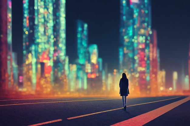 Ilustración 3d de la ciudad futurista nocturna con luces de neón y una persona caminando por la carretera