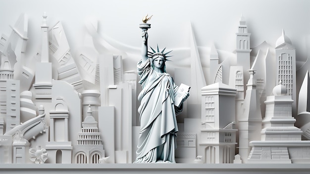 Ilustración 3D de la ciudad mundial Concepto de viaje alrededor del mundo con puntos de referencia de fondo blanco