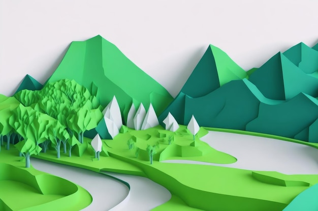 Ilustración 3d de ciudad verde con árboles y camino en el medio Paisaje de origami de papel generado por IA