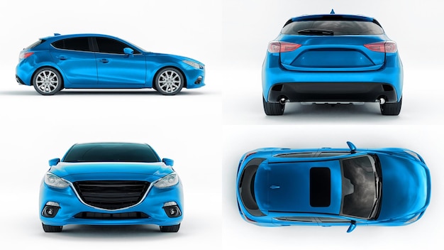 Ilustración 3D. Coche de ciudad azul para su diseño creativo. Representación 3D.