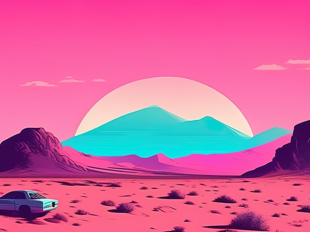 Ilustración 3D del coche en el desierto.