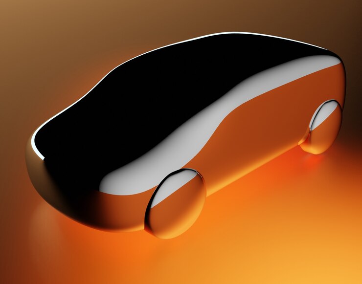 Foto ilustración 3d de coche plateado con reflejo naranja sobre fondo naranja iluminado