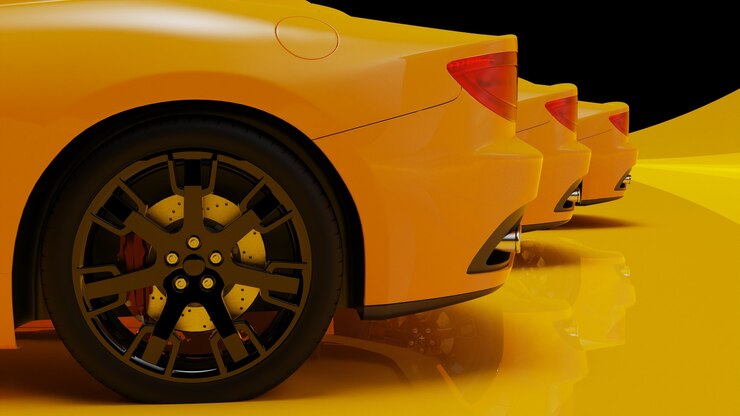 Foto ilustración 3d de coches amarillos sobre una superficie amarilla