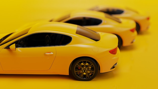 Ilustración 3d de coches amarillos sobre una superficie amarilla