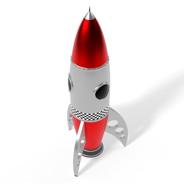 Ilustración 3D de cohete de juguete plateado y rojo