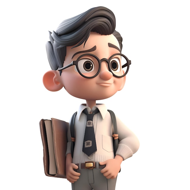 Ilustración 3D de un colegial con gafas y maletín