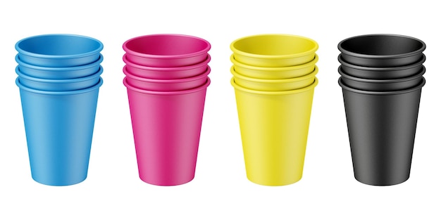 Ilustración 3D Colorerd vasos de papel desechables apilados aislados sobre fondo blanco concepto CMYK