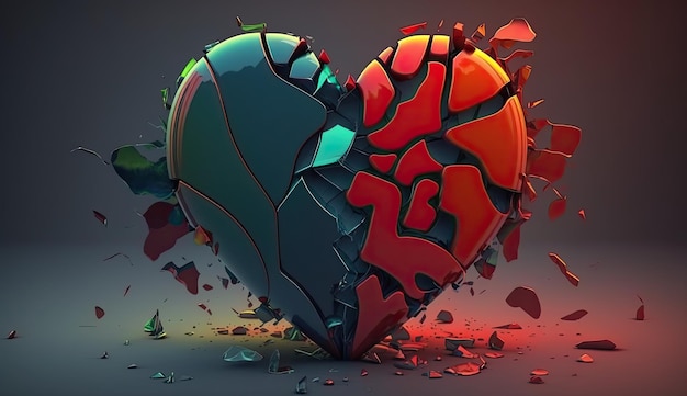 Ilustración 3d colorida de corazón roto