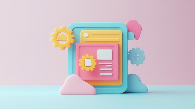 Una ilustración 3D colorida del diseño de un sitio web con engranajes y nubes