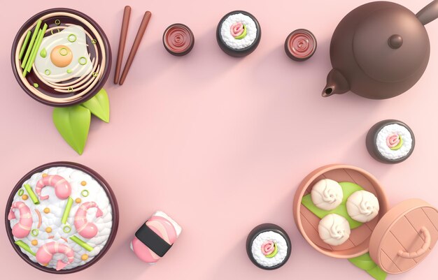 Ilustración 3D de comida japonesa aislada