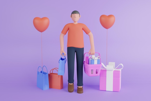 Ilustración 3D de compras en línea, tienda en línea. Representación moderna store.shopping cart.3d