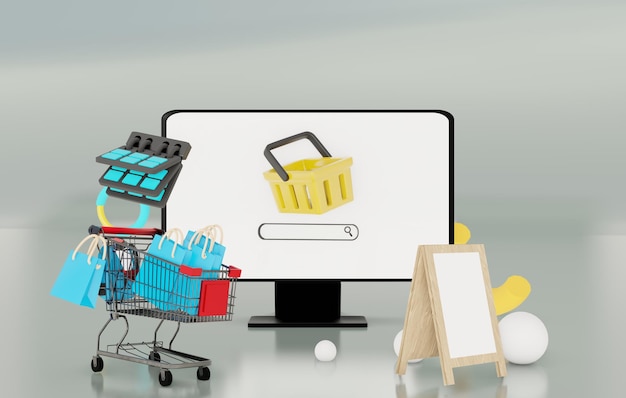 Ilustración 3D de computadora de escritorio con tema de compras en línea hay un carrito de computadora de pantalla blanca