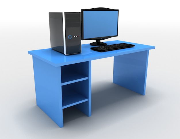 Ilustración 3D de computadora con mesa. Ilustración 3D prestados